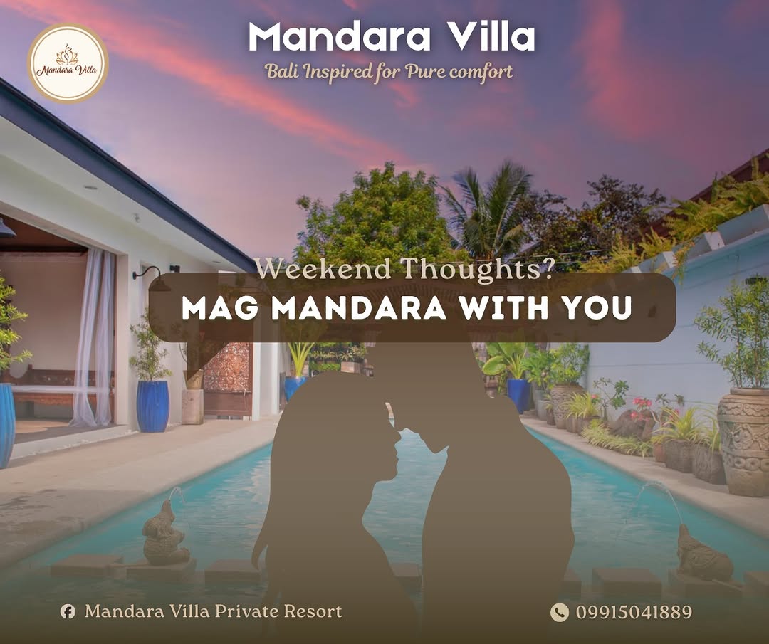 Sunset pool view at Mandara Villa with Balinese statues and tropical plants