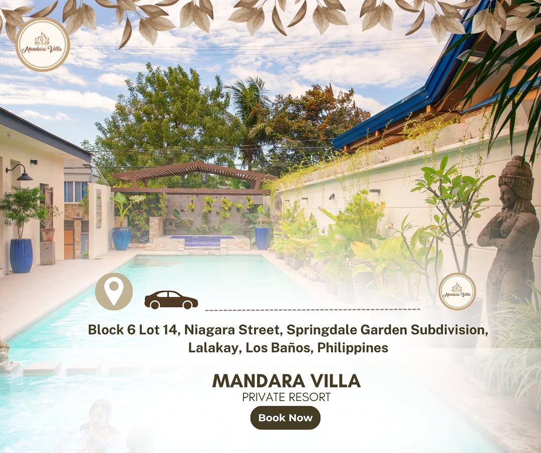 Aerial-perspective promo showing the full villa from outside — Mt. Makiling visible in background behind the terracotta roof