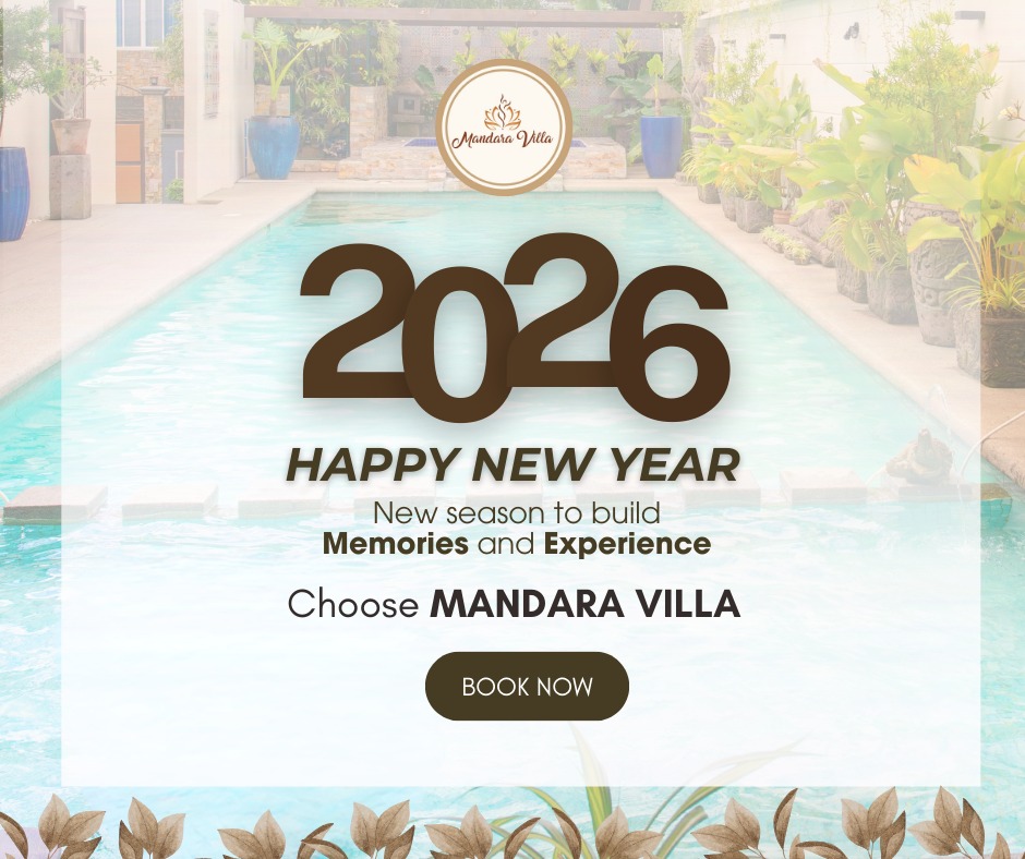 New Year 2026 promo — daytime pool image showing the full length of the turquoise pool with Balinese stone statues lining the side