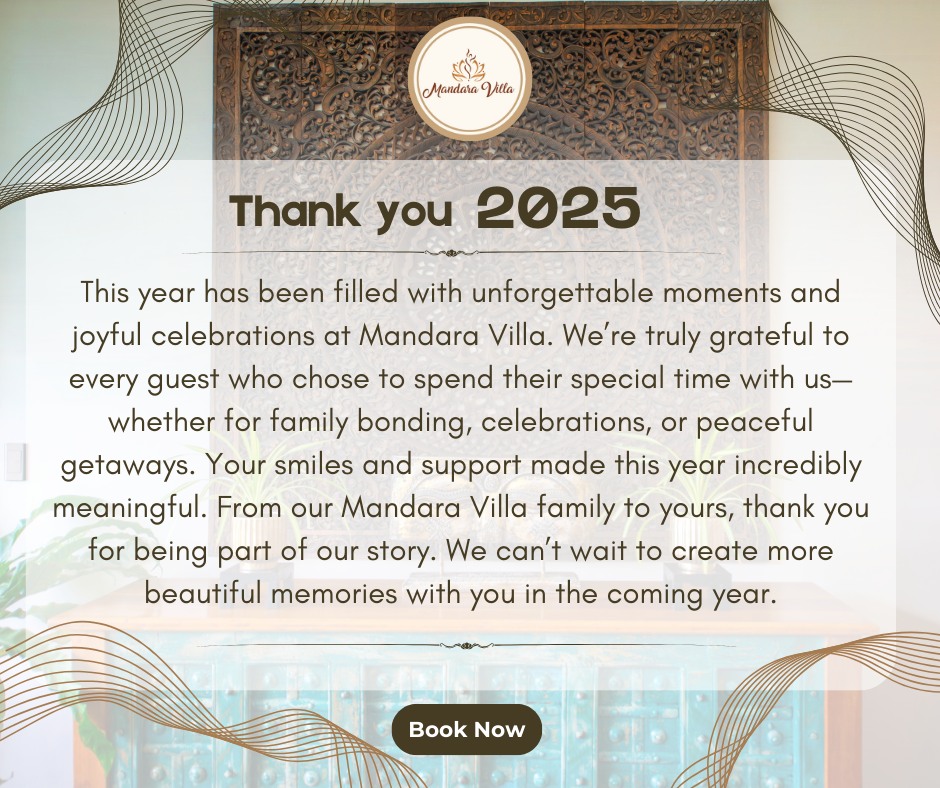 Thank you 2025 post — interior shot showing the large Balinese carved wood panel with intricate floral motifs in the living area